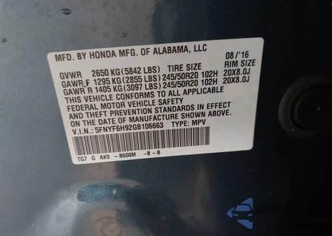 2016 Honda Pilot Touring z USA, uszkodzony, nr VIN 5FNYF6H92GB106663